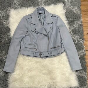 Aqua Light Blue Faux Suede Biker Jacket